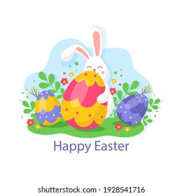 White bunny with easter colorful eggs. Happy Easter. Vector illustration