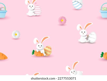 White bunny with Easter eggs in paper cut style wallpaper and gift wrapping paper isolated on pink background.