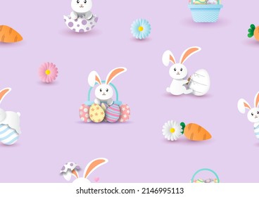 White bunny with Easter eggs and sign of Easter holiday in paper cut style wallpaper and gift wrapping isolated on violet background.