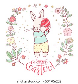  White  Bunny with egg. Hand Lettering "Happy Easter!" Hand-drawn illustration. Vector.