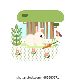 White bunny. Flat vector illustration depicting white rabbit eating carrot. 