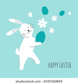 Сute white bunny, flowers and Easter eggs. Happy Easter card with rabbit. Modern minimal style