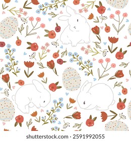 White bunny and flowers Easter pattern. Seamless pattern with bunnies, flowers , eggs and hearts, cute pattern for Easter. 