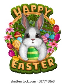 Conejo blanco enmarcado con huevos, flores y saludos aislados en blanco. Ilustración del vector