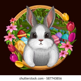 Conejo blanco enmarcado con flores aisladas en la oscuridad. Ilustración del vector