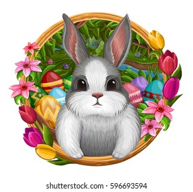 White bunny in frame with flowers isolated on white. Vector illustration