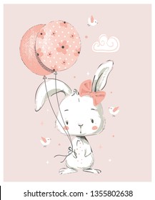 White Bunny Girl With Balloon.hand Drawn Vector Illustration.can Be Used For Kid's Or Baby's Shirt Design, Fashion Print Design, Fashion Graphic, T-shirt, Kids Wear.