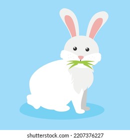 White Bunny With Grass In Its Mouth