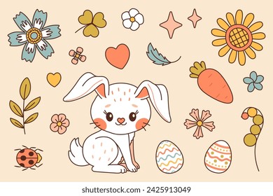 White bunny. Happy Easter vector set. Cute rabbit whis flowers and plants, eggs, carrot, butterfly and ladybug. Trendy color flat style vector set. Perfect For Poster, Tshirt Print or Greeting Card.