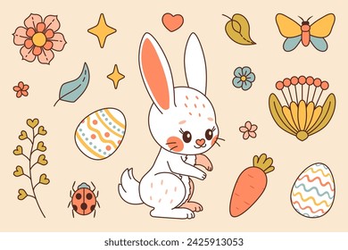 White bunny. Happy Easter vector set. Cute rabbit whis flowers and plants, eggs, carrot, butterfly and ladybug. Trendy color flat style vector set. Perfect For Poster, Tshirt Print or Greeting Card.
