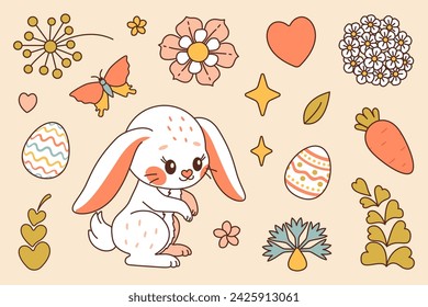 White bunny. Happy Easter vector set. Cute rabbit whis flowers and plants, eggs, carrot, butterfly and ladybug. Trendy color flat style vector set. Perfect For Poster, Tshirt Print or Greeting Card.