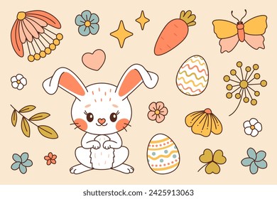 White bunny. Happy Easter vector set. Cute rabbit whis flowers and plants, eggs, carrot, butterfly and ladybug. Trendy color flat style vector set. Perfect For Poster, Tshirt Print or Greeting Card.