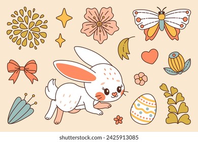 White bunny. Happy Easter vector set. Cute rabbit whis flowers and plants, eggs, carrot, butterfly and ladybug. Trendy color flat style vector set. Perfect For Poster, Tshirt Print or Greeting Card.