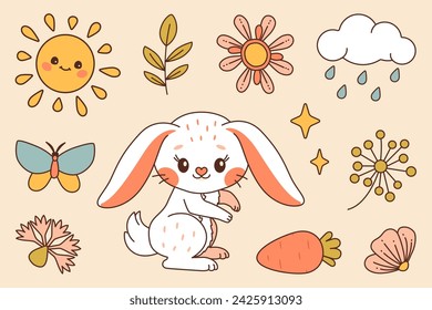 White bunny. Happy Easter vector set. Cute rabbit whis flowers and plants, eggs, carrot, butterfly and ladybug. Trendy color flat style vector set. Perfect For Poster, Tshirt Print or Greeting Card.