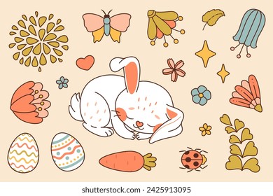 White bunny. Happy Easter vector set. Cute rabbit whis flowers and plants, eggs, carrot, butterfly and ladybug. Trendy color flat style vector set. Perfect For Poster, Tshirt Print or Greeting Card.