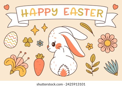 White bunny. Happy Easter vector set. Cute rabbit whis flowers and plants, eggs, carrot, butterfly and ladybug. Trendy color flat style vector set. Perfect For Poster, Tshirt Print or Greeting Card.