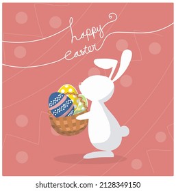 a white Bunny holding a basket of decorated easter eggs. colorful, cute, meaningful illustration for your easter cards, prints, decor. 
