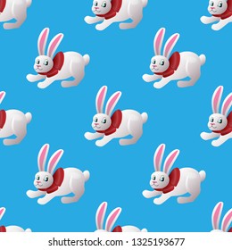 White bunny isolated seamless vector pattern on blue background