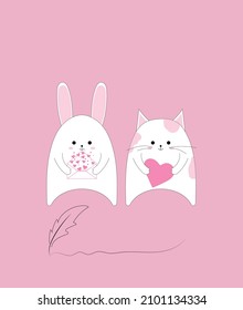 white bunny and white kitten with an envelope in hand. greeting card for valentine's day. hearts from an envelope. vector illustration, eps 10.
