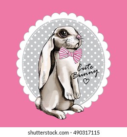 White Bunny with long ears in a pink tie sits on his hind legs on a gray ellipse frame. Vector illustration.