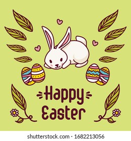 White bunny is lying near the colorful eggs, cartoon style card for Easter