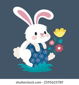 white bunny on easter egg in isolated flat design