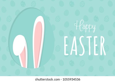 White bunny on eggs texture with wishes - concept of an Easter banner. Vector.