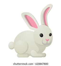 White bunny with pink ears isolated on background. Nice sweetness in form of holiday mascot. Festive emblem of hare animal in cartoon style, fluffy rabbit