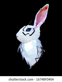 White bunny profile, broken low poly triangular vector illustration isolated on black. Polygonal style trendy modern logo business design template for 
easter invitations and greetings.