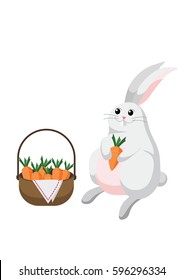 White bunny rabbit with basket full of carrots.