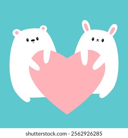 White bunny rabbit Bear holding big pink heart. Happy Valentines Day. Kawaii head face. Cute cartoon funny animal character. Love card. Childish style. Flat design. Isolated. Blue background. Vector