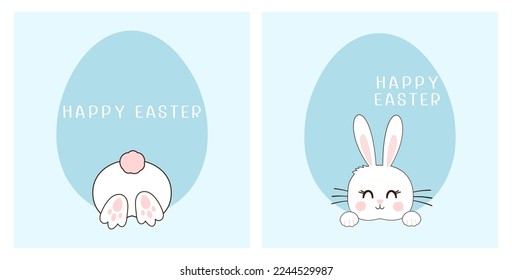 White bunny rabbit cartoons on Easter eggs and hand written font on blue cards vector illustration.