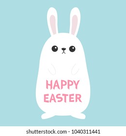 White bunny rabbit. Funny head face. Big ears. Cute kawaii cartoon character. Baby greeting card template. Happy Easter sign symbol. Greeting card. Blue background. Flat design. Vector illustration