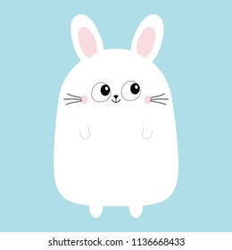 White bunny rabbit. Funny head face. Big eyes. Cute kawaii cartoon character. Baby greeting card template. Happy Easter sign symbol. Blue background. Flat design. Vector illustration