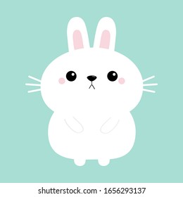 White bunny rabbit hare icon. Funny head face. Cute kawaii cartoon round character. Happy Valentines Day. Pink cheeks. Baby greeting card template. Isolated. Blue background. Flat design. Vector