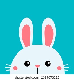 White bunny rabbit hare silhouette icon. Peaking face head. Happy Easter. Pink cheeks. Cute kawaii cartoon baby character. Valentines Day. Baby greeting card. Blue background. Flat design. Vector