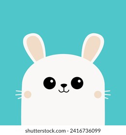 White bunny rabbit hare silhouette icon. Funny smiling face head. Happy Easter. Pink cheeks. Cute kawaii cartoon baby character. Valentines Day. Greeting card. Blue background. Flat design. Vector