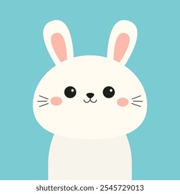 White bunny rabbit hare silhouette icon. Funny smiling face head. Pink cheeks. Kawaii cute cartoon baby character. Happy Easter. Valentines Day. Greeting card. Green background. Flat design. Vector