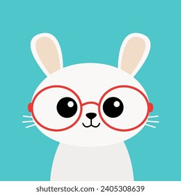 White bunny rabbit hare wearing red glasses. Cute kawaii cartoon baby character. Happy Easter. Funny smiling face head. Pink cheeks. Valentines Day. Greeting card. Blue background. Flat design. Vector