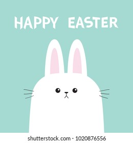 White bunny rabbit head face. Picaboo. Happy Easter. Flat design. Big ears. Cute kawaii funny cartoon character. Baby greeting card. Blue pastel color background. Vector illustration