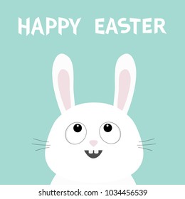 White bunny rabbit head face looking up. Happy Easter. Picaboo. Flat design. Big ears. Cute kawaii funny cartoon character. Baby greeting card. Blue pastel color background. Vector illustration