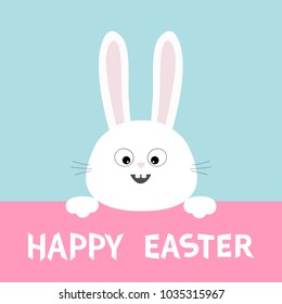 White bunny rabbit head face hanging on pink paper board. Happy Easter. Paw print. Big ears. Cute cartoon funny character. Kawaii animal. Baby card. Flat design. Blue background. Vector