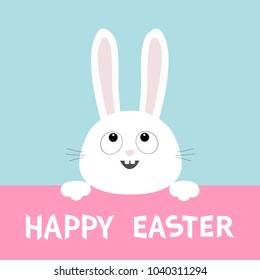 White bunny rabbit head face looking up hanging on pink paper board. Happy Easter. Paw print. Big ears. Cute cartoon funny character. Kawaii animal. Baby card. Flat design. Blue background Vector