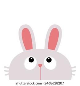 Weißer Kaninchenkopf, der nach oben schaut. Große Augen. Lustiges Gesicht. Nette Cartoon-Kawaii-Baby-Figur. In: Forest Animal Kollektion. Childischer Stil. Flaches Design. Weißer Hintergrund. Isoliert. Vektorgrafik