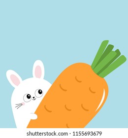 White bunny rabbit holding big carrot. Funny head face, eyes, ears. Cute kawaii cartoon character. Baby greeting card template. Happy Easter sign symbol Blue background Flat design Vector illustration