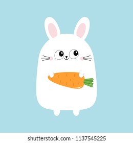 White bunny rabbit holding carrot. Funny head face. Big eyes. Cute kawaii cartoon character. Baby greeting card template. Happy Easter sign symbol. Blue background. Flat design. Vector illustration