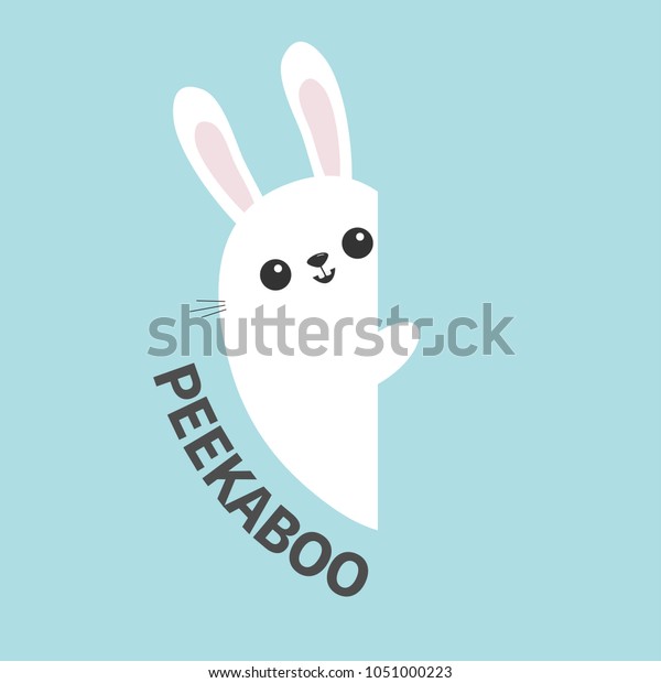 壁看板を持つ白いウサギ 紙の裏に隠れている可愛い 漫画のおかしな動物 ハッピーイースターのシンボル Peekabooテキスト フラットデザイン パステル青の背景 ベクターイラスト のベクター画像素材 ロイヤリティフリー