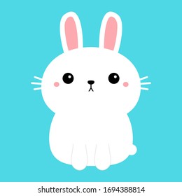 White bunny, rabbit icon. Cute funny head face. Kawaii cartoon character. Pink cheeks. Happy Valentines Day. Baby greeting card template. Notebook cover, tshirt. Blue background. Flat design. Vector