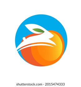 White bunny rabbit jump on orange fruit and blue circle background logo design icon. Vector illustration.