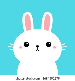 White bunny rabbit. Kawaii cartoon character. Cute funny head face. Pink cheeks. Happy Valentines Day. Baby greeting card template. Notebook cover, tshirt. Blue background. Flat design. Vector